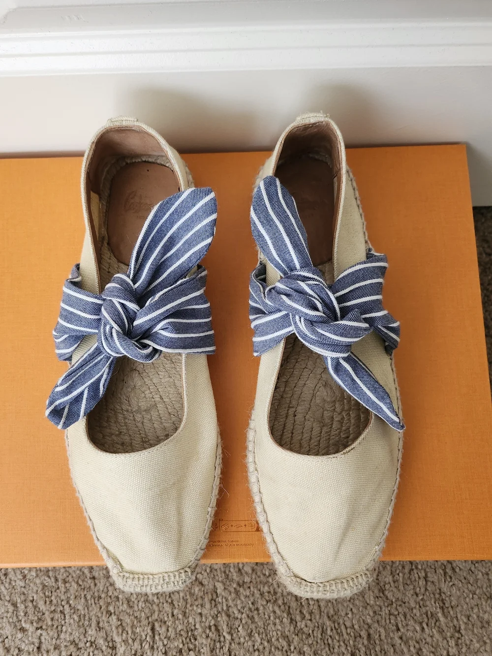 Cute Cream Canvas Espadrilles with Blue Striped Tie Strap